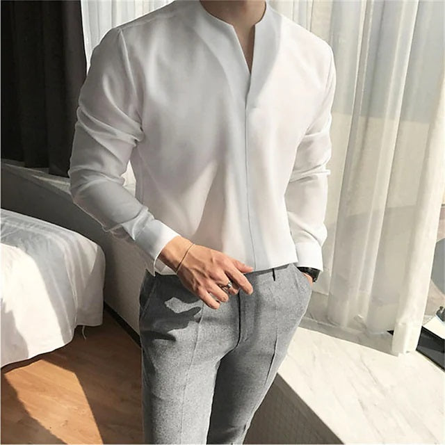 Men's Casual Solid Color V-Neck Long Sleeve Shirt