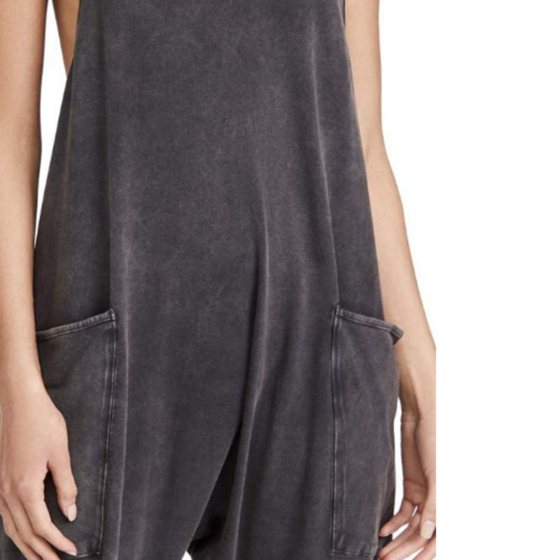 Solid V-Neck Sling Pocket Jumpsuit